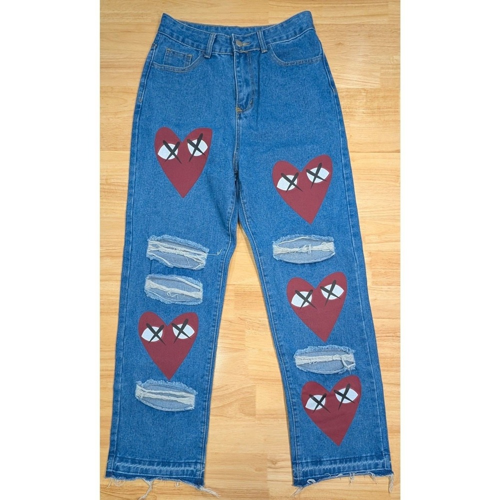 Women's Heart Graphic Distressed Jeans‎ 28x29 High Rise Blue Denim Streetwear